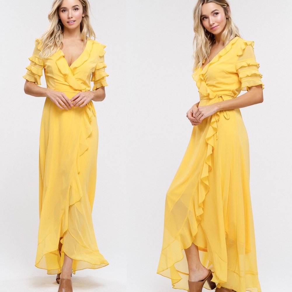 021 Boho Mustard yellow Ruffle Wrap Maxi Dress - Picture 2 of 4